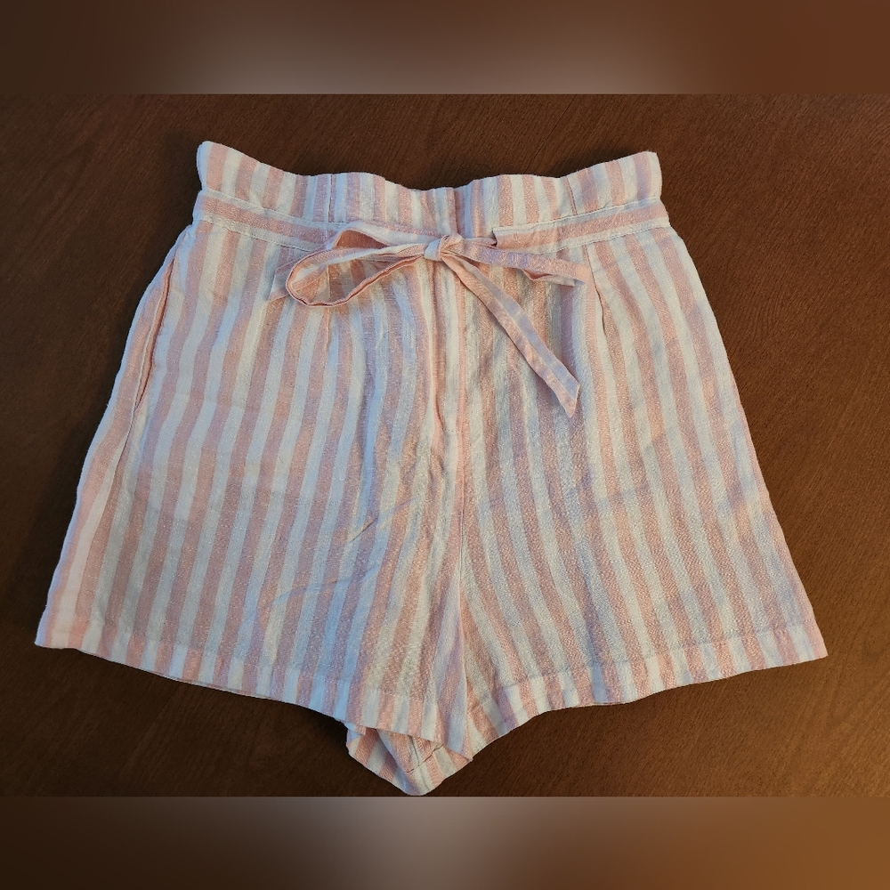 Cynthia Rowley Striped Linen Short with Tie Pink‎ & White Women's Medium